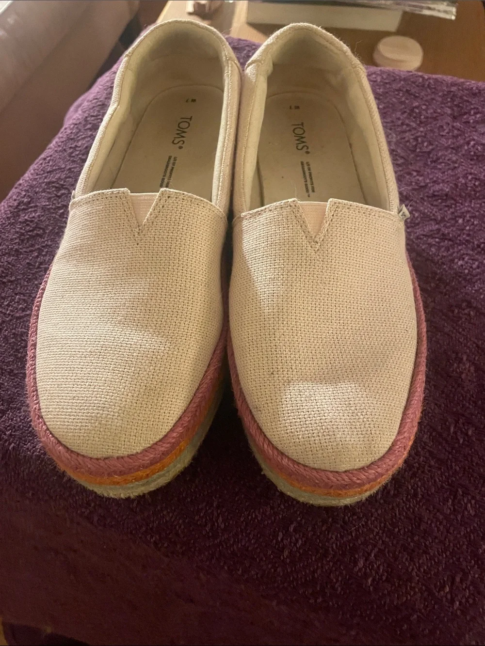 TOMS Cream Canvas Espadrille Platform Slip-Ons with Pink and Orange Trim